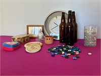 Various Decorative Items, Clock, Glass Bottles ++