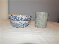 Blue Spongeware Stoneware Bowl & Crock
