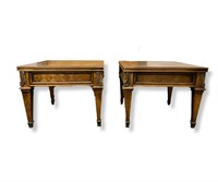 Pair of Antique Wood End Tables, Brass Details