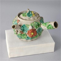 Japanese Banko Ware Teapot, Tobacco Leaf Motifs