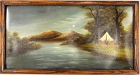 Vintage Tent Camping Landscape Painting
