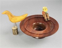Mexican Hand Turned Wood Bowl, Bird & Man