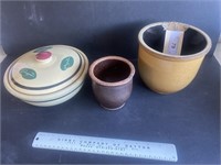 2 OLD GLAZED BOWLS & COVERED ATT WARE POTTERY