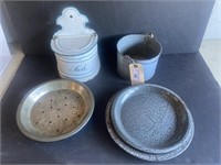 ENAMEL SALZ BUCKET, PIE PANS; BLUE BIRD & OTHERS