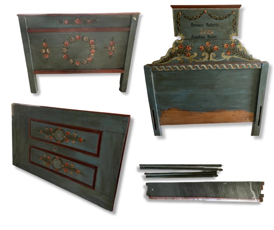 Antique 1826 Wood Hand Painted Canopy Bed Frame
