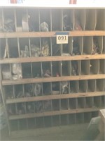 Wooden bin cabinet with contents