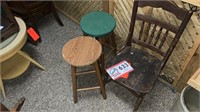 WOOD CHAIR & 2 STOOLS