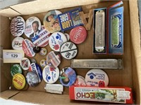 POLITICAL BUTTONS,  TWO HOHNER HARMONICA'S