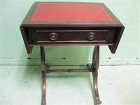 22" Tall Antique Leather Top Drop Leaf Side Table