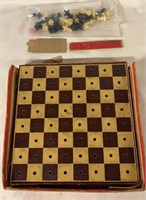 ANTIQUE CHESS BOARD SET. PLAYED WEAR ON BOX.