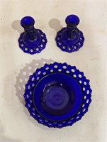 Cobalt Blue Bowl and (2) Candlesticks