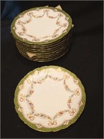 11 green & white ruffle-edged salad plates with