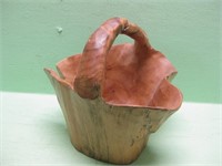 12" Carved Burl Wood Handled Basket With Split