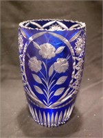 Bohemian cobalt etched glass vase