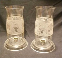 Pair of etched glass hurricane candle lamps