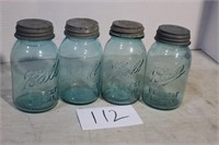 4 OLD BLUE MASON JARS W/ ZINC LIDS