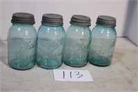 4 OLD BLUE MASON JARS W/ ZINC LIDS