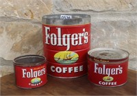 (3) VINTAGE FOLGERS CANS VARIOUS SIZES