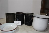 5 METAL PANS, VTG PAINT BUCKETS