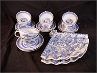 Group of blue & white china teacups, saucers