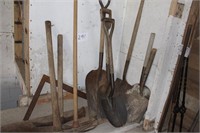 ANTIQUE HAND FORGED MATTOCK, 4 SHOVELS