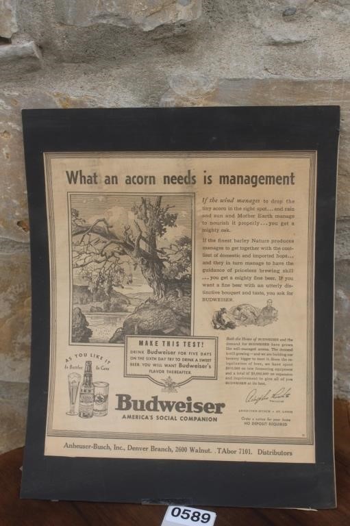 MATTED "BUDWEISER" ADVERTISING NEWSPAPER CLIPPING