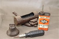 Capo Oil Can, Steel Ashtray, Cast Iron Bell