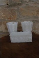 (3) MILK GLASS VASES AND SQUARE BOWL