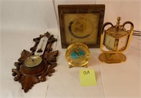 Group of brass timepieces & wooden