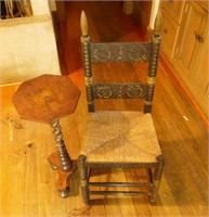 Antique wood rush-seat chair and end table