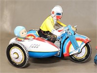 Vintage Windup Tin Litho Motorcycle w Side Car
