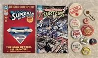 1990 TMNT comic, 1993 Superman comic, pinbacks