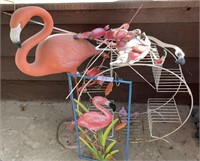 Yard flamingos, wire metal plant stand