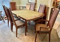 Mid century teak dining table, 6 chairs, 2 leaves,