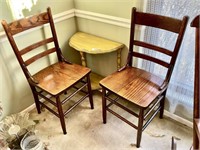 Pair of wooden chairs, half round side table