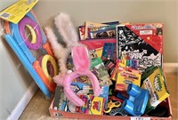 Flat of kid's art supplies, rabbit ears, ring toss