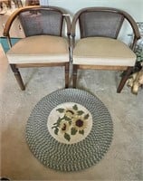 2 midcentury cane back armchairs, 30" braided rug