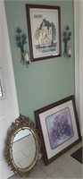 2 framed wall art, wall mirror, candle sconces