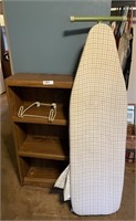 Particle board bookcase, ironing board w/door