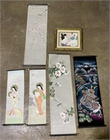 (S) Oriental Silk Banners and Oil Painting