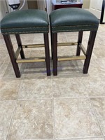 2 Leather and wood stools approx 24in tall