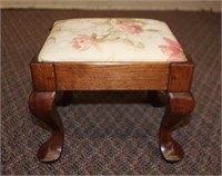 Upholstered top oak footstool, 13 X 11 X 11.5"H