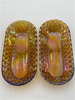 Two Vintage Iridescent Amber Carnival Glass Dishes