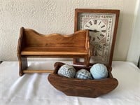 Clock, shelf, decorative wood bowl