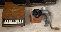 D - VINTAGE TOY PIANO, COFFEE & MEAT GRINDERS (E29