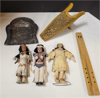 Boot Jack, (2) Plastic Native American Dolls