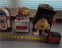 2 M&M cookie jars, 1 jute box cookie jar