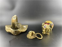 3 Elephant themed items: heavy vintage brass bar r
