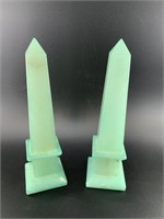 Pair of green onyx obelisks, 10.5"