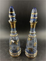 Pair of vintage cobalt blue glass and gold etched